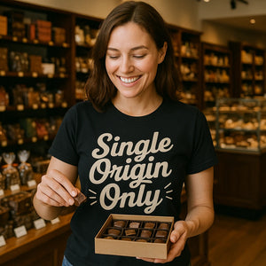 Lifestyle shot of the "Single Origin Only" black chocolate brown t shirt in a real-world setting