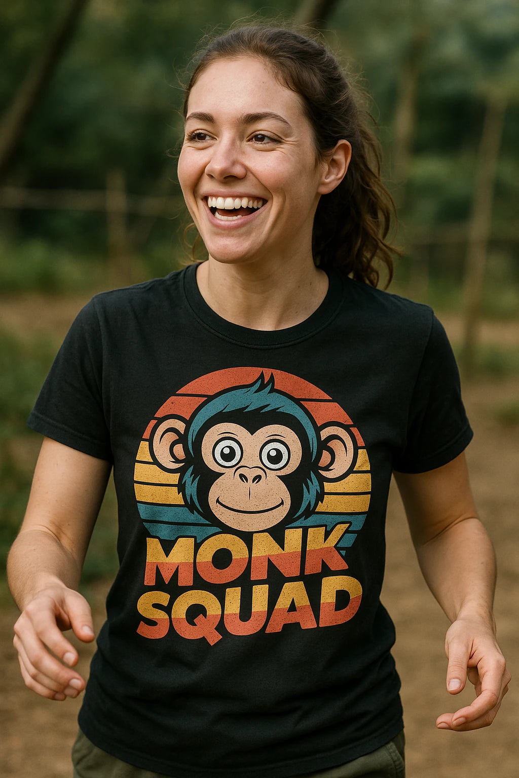 "Monk Squad" black garage monkey shirts, photographed as gift ideas for monkey lovers