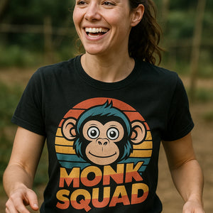 "Monk Squad" black garage monkey shirts, photographed as gift ideas for monkey lovers