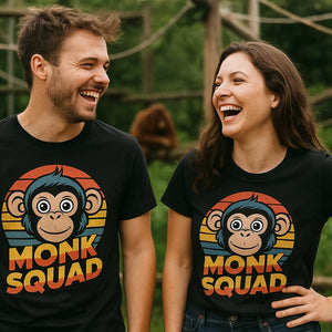 Person wearing the black garage monkey shirts graphic tee - "Monk Squad" design
