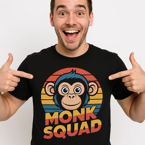 Close-up of the "Monk Squad" gold print on a premium Bella+Canvas black garage monkey shirts