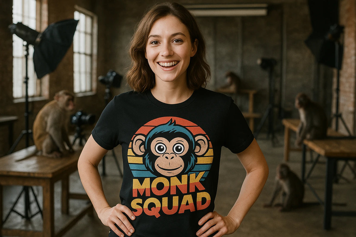 Lifestyle shot of the "Monk Squad" black garage monkey shirts in a real-world setting