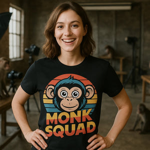 Lifestyle shot of the "Monk Squad" black garage monkey shirts in a real-world setting