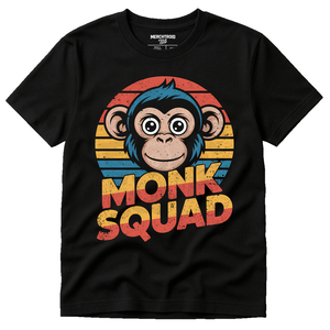 Black Garage Monkey Shirts - "Monk Squad" graphic tee with gold print, flat lay product photo