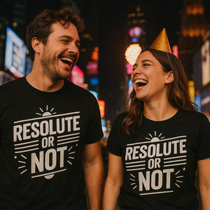 Person wearing the black mens new years eve shirts graphic tee - "Resolute Or Not" design