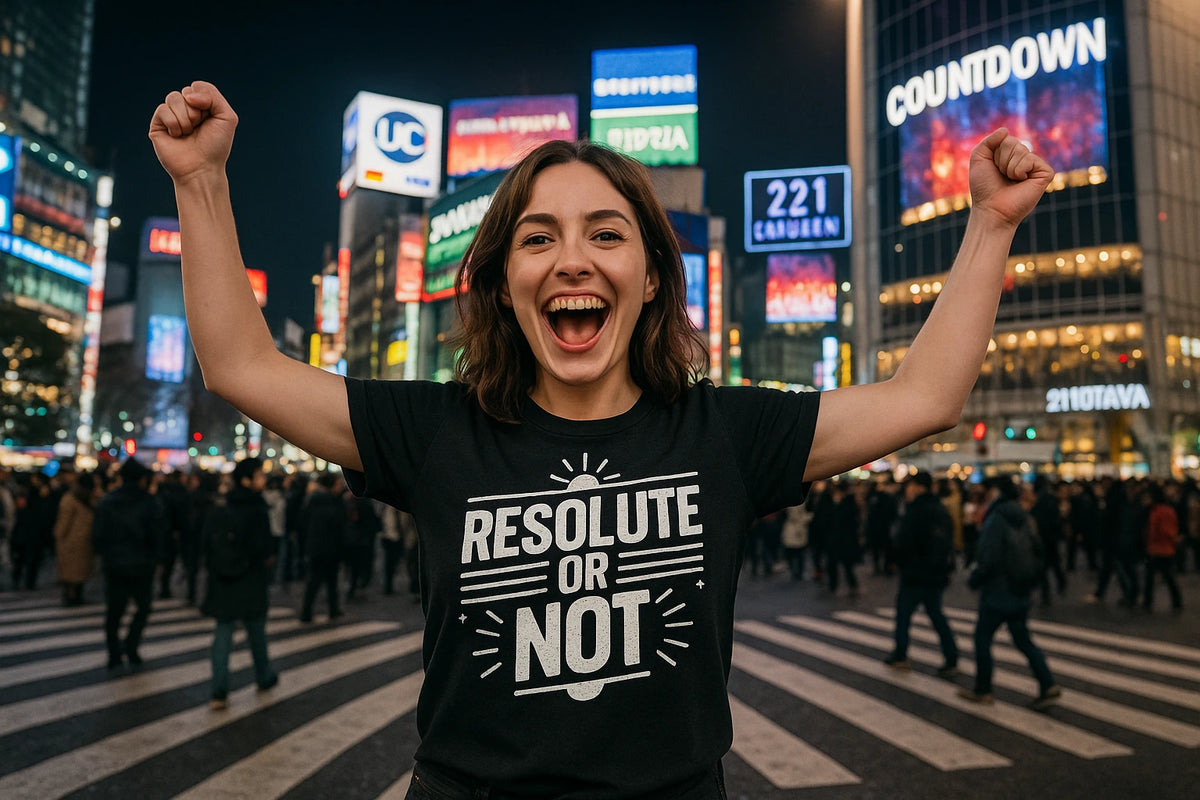 Lifestyle shot of the "Resolute Or Not" black mens new years eve shirts in a real-world setting