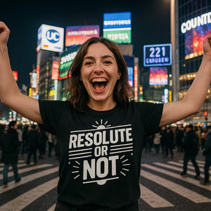 Lifestyle shot of the "Resolute Or Not" black mens new years eve shirts in a real-world setting