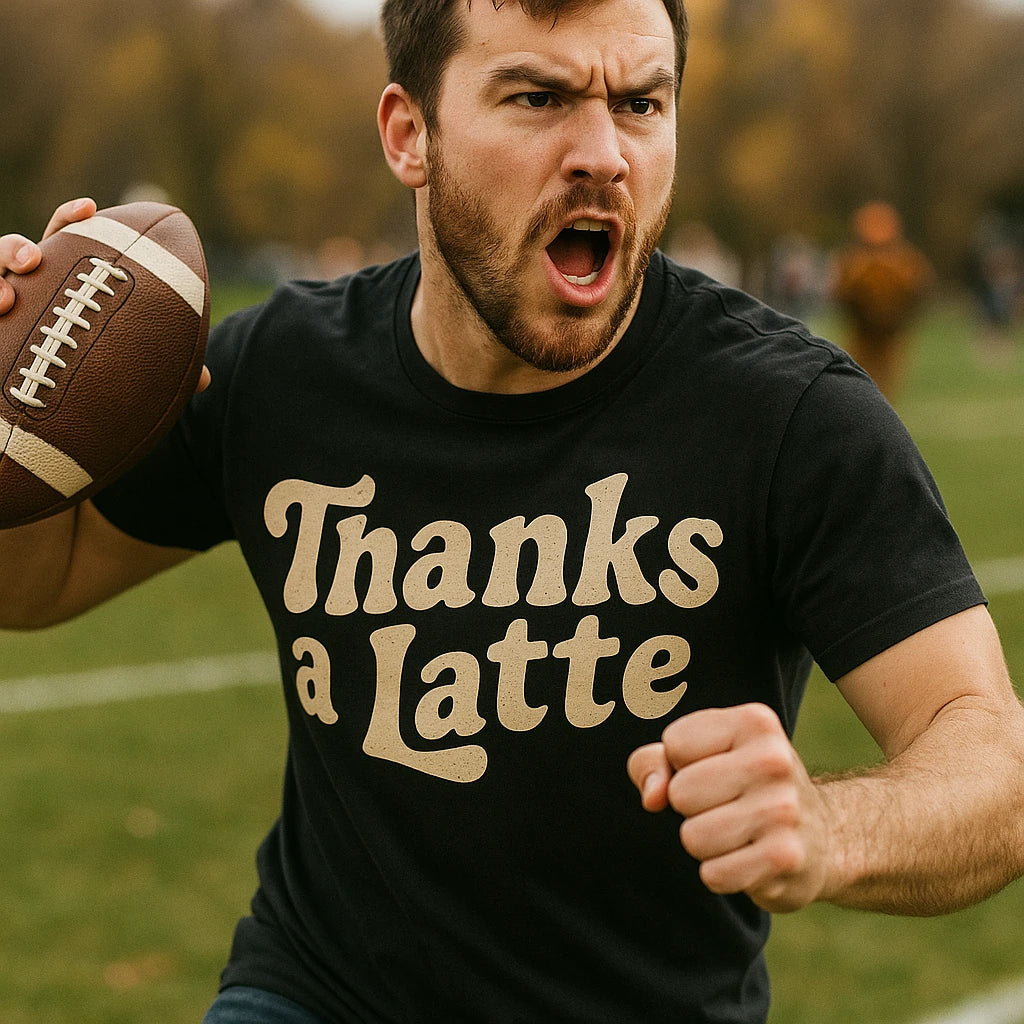 A person with a beard and short hair is energetically holding a football and appears to be running on a grassy field. They are wearing a black T-shirt with the text "Thanks a Latte" printed in large, bold letters. They have an intense expression, possibly shouting or cheering.