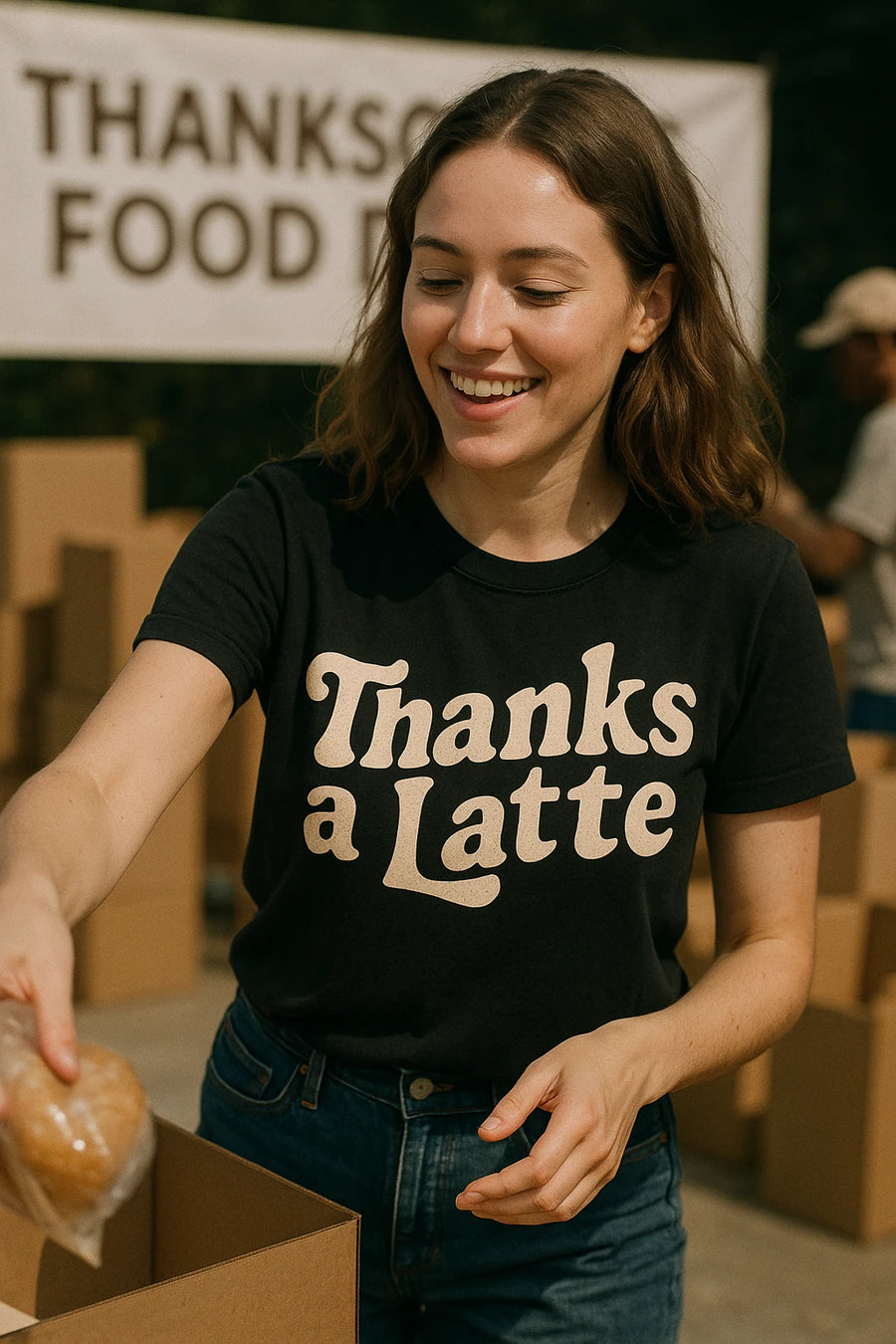 A person with shoulder-length brown hair and a black t-shirt is smiling while placing a wrapped item into a box. They are participating in a food drive, as indicated by a banner in the background that reads "THANKS FOOD D."