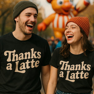 Person wearing the black funny thanksgiving tee shirts graphic tee - "Thanks a Latte" design