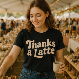 Lifestyle shot of the "Thanks a Latte" black funny thanksgiving tee shirts in a real-world setting