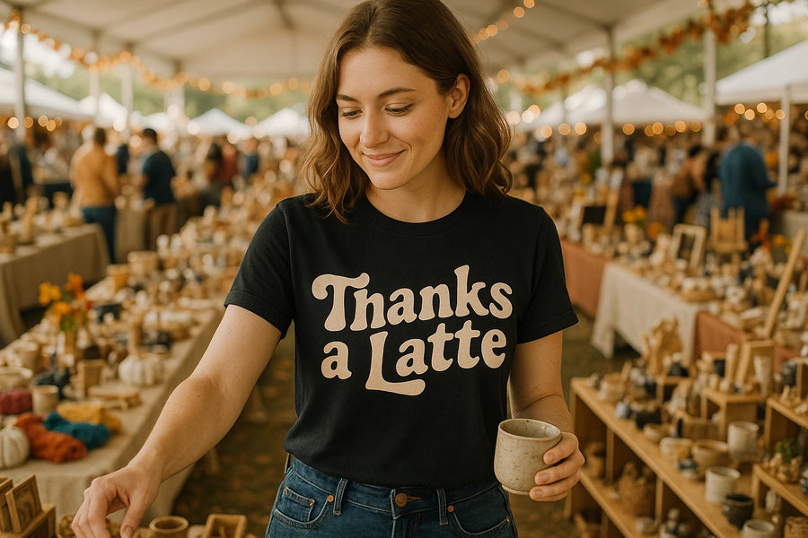 A person with shoulder-length brown hair is wearing a black T-shirt with the text "Thanks a Latte" printed on it. They are smiling and holding a cup while standing in a market or craft fair filled with tables displaying various items. The setting is a large tent with warm lighting, creating a cozy atmosphere.