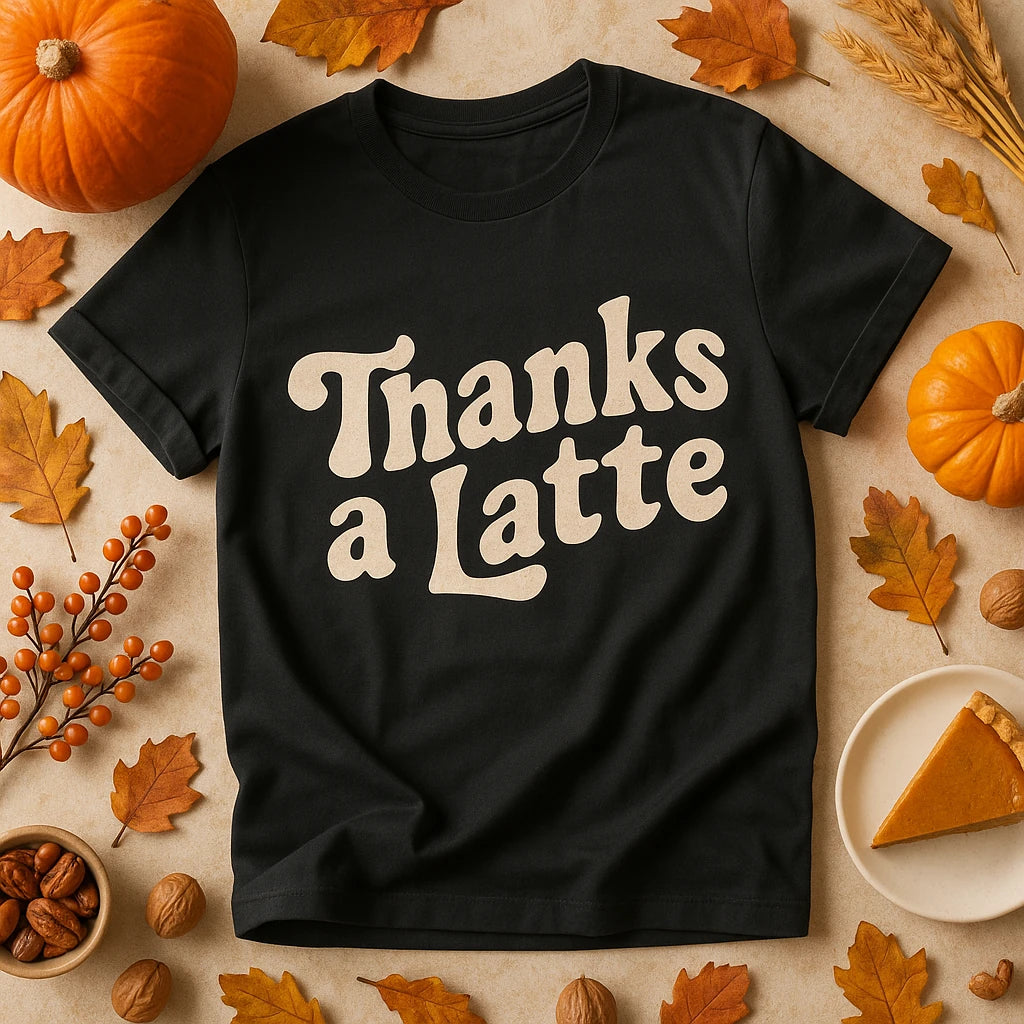 A black t-shirt with the text "Thanks a Latte" in a cream-colored font is laid flat on a surface. The shirt is surrounded by autumn-themed items including pumpkins, leaves, nuts, and a piece of pumpkin pie.