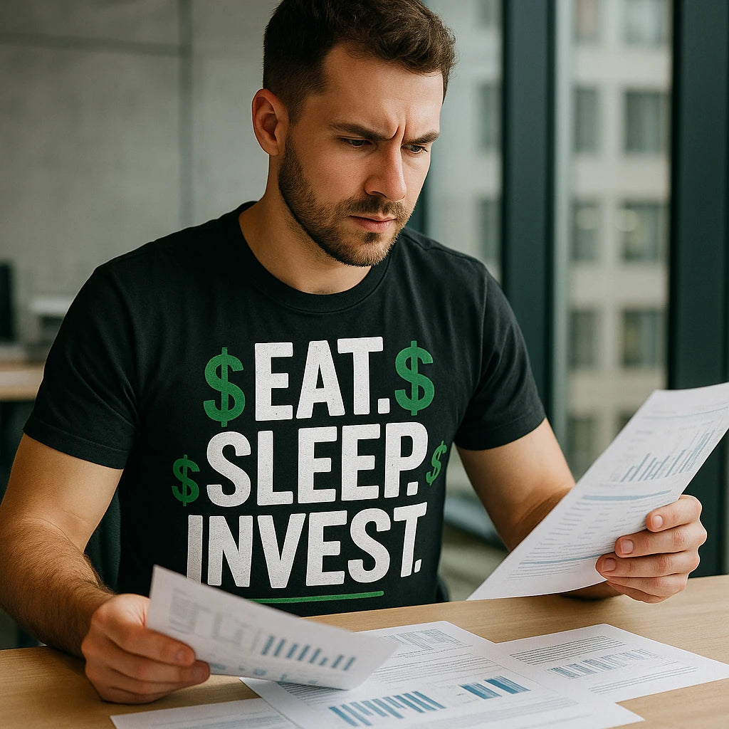 "Eat. Sleep. Invest." black financial advisor shirts - also a client gifts from financial advisors