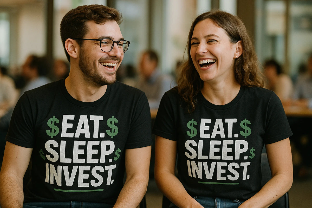 Person wearing the black financial advisor shirts graphic tee - "Eat. Sleep. Invest." design