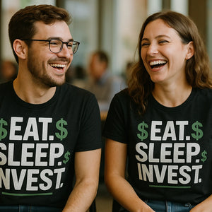 Person wearing the black financial advisor shirts graphic tee - "Eat. Sleep. Invest." design