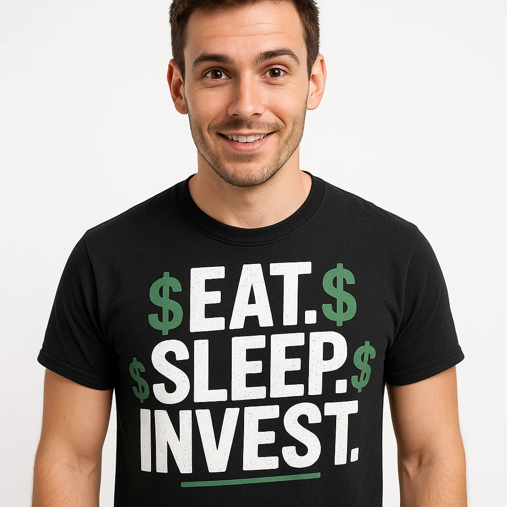Close-up of the "Eat. Sleep. Invest." white print on a premium Bella+Canvas black financial advisor shirts