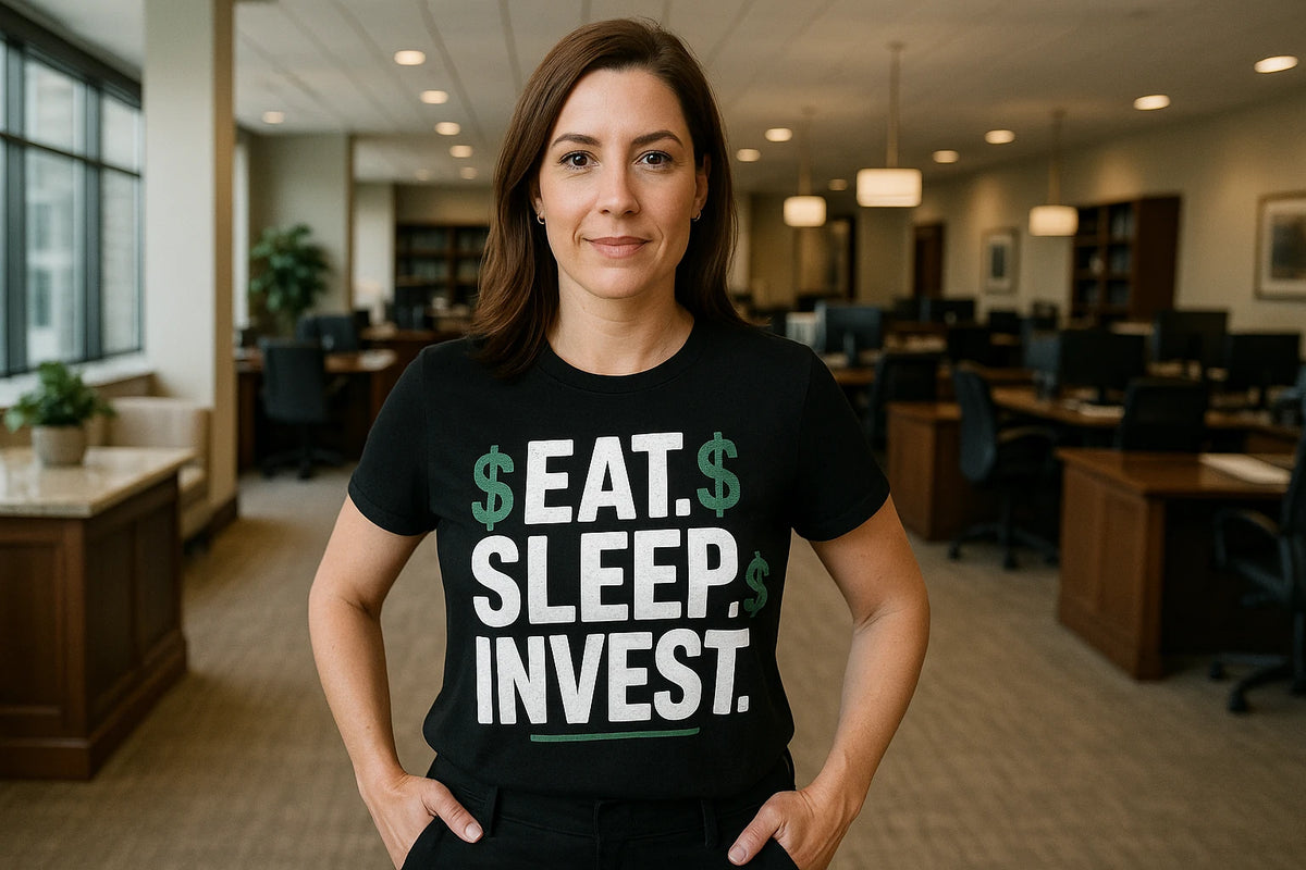 Lifestyle shot of the "Eat. Sleep. Invest." black financial advisor shirts in a real-world setting