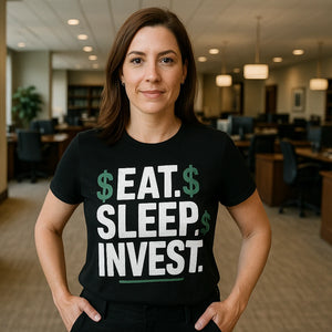 Lifestyle shot of the "Eat. Sleep. Invest." black financial advisor shirts in a real-world setting