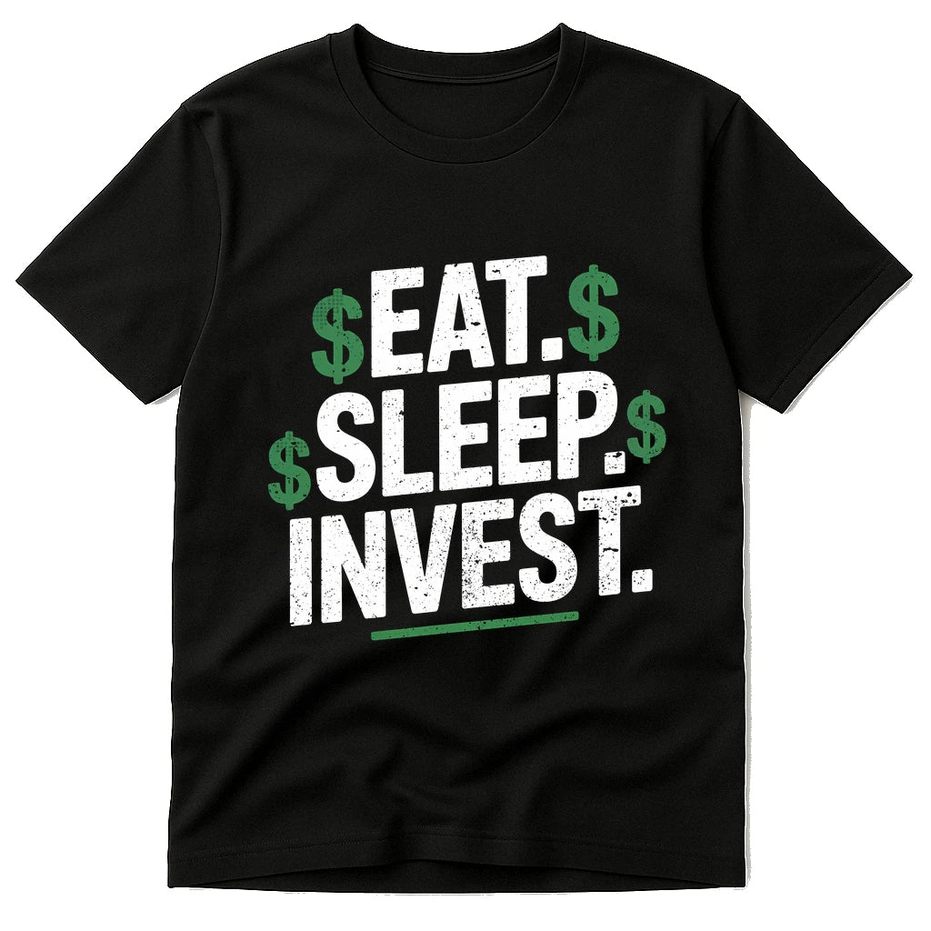 Black Financial Advisor Shirts - "Eat. Sleep. Invest." graphic tee with white print, flat lay product photo