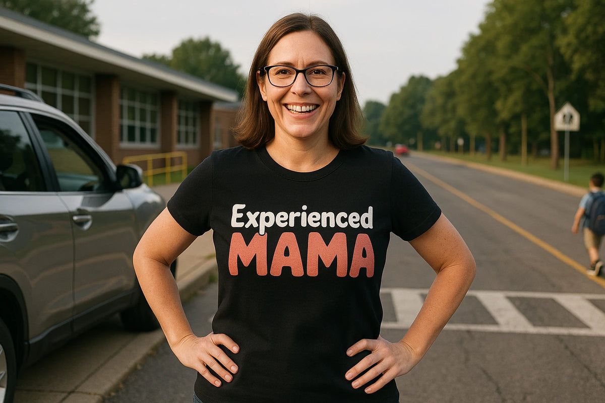 Lifestyle shot of the "Experienced Mama" black mom life bleached tee in a real-world setting