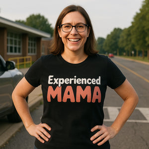 Lifestyle shot of the "Experienced Mama" black mom life bleached tee in a real-world setting
