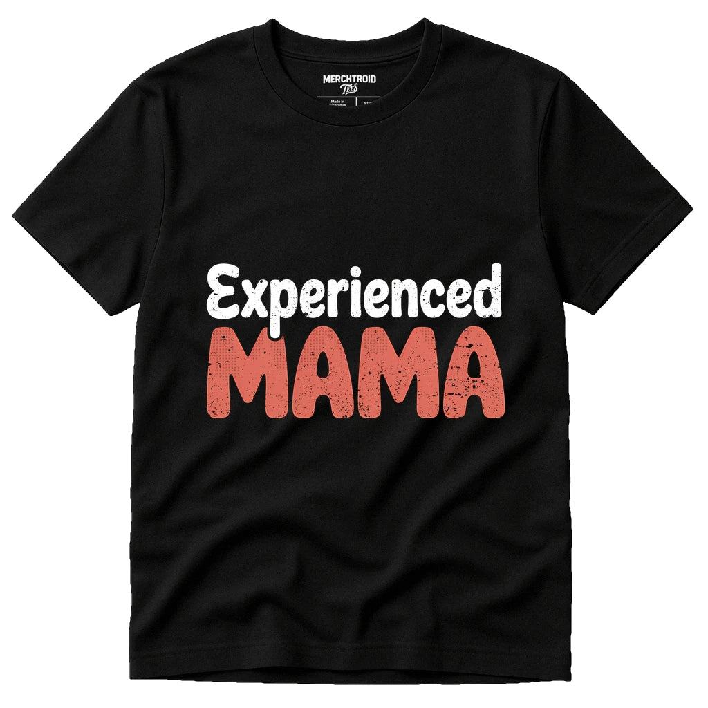 Black Mom Life Bleached Tee - "Experienced Mama" graphic tee with orange print, flat lay product photo