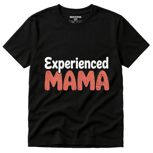 Black Mom Life Bleached Tee - "Experienced Mama" graphic tee with orange print, flat lay product photo
