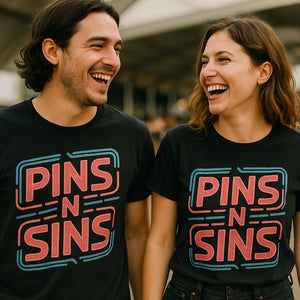 Person wearing the black fashion designer shirts graphic tee - "Pins N Sins" design