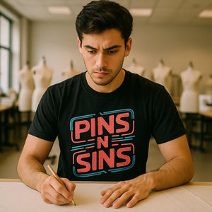 Lifestyle shot of the "Pins N Sins" black fashion designer shirts in a real-world setting