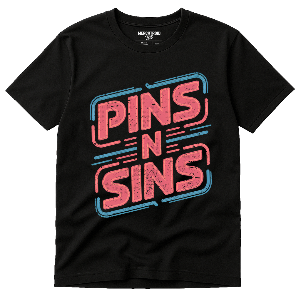 Black Fashion Designer Shirts - "Pins N Sins" graphic tee with pink print, flat lay product photo