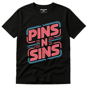 Black Fashion Designer Shirts - "Pins N Sins" graphic tee with pink print, flat lay product photo