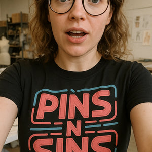 "Pins N Sins" black fashion designer shirts, photographed as fashion designer gift