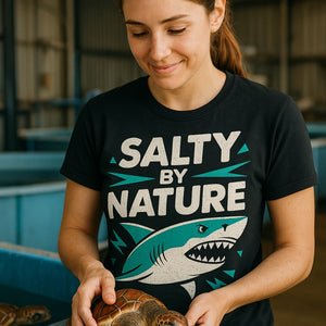 "Salty By Nature" black marine biology t shirt, photographed as marine biology lover gift