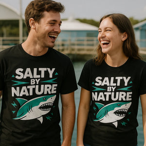 Person wearing the black marine biology t shirt graphic tee - "Salty By Nature" design