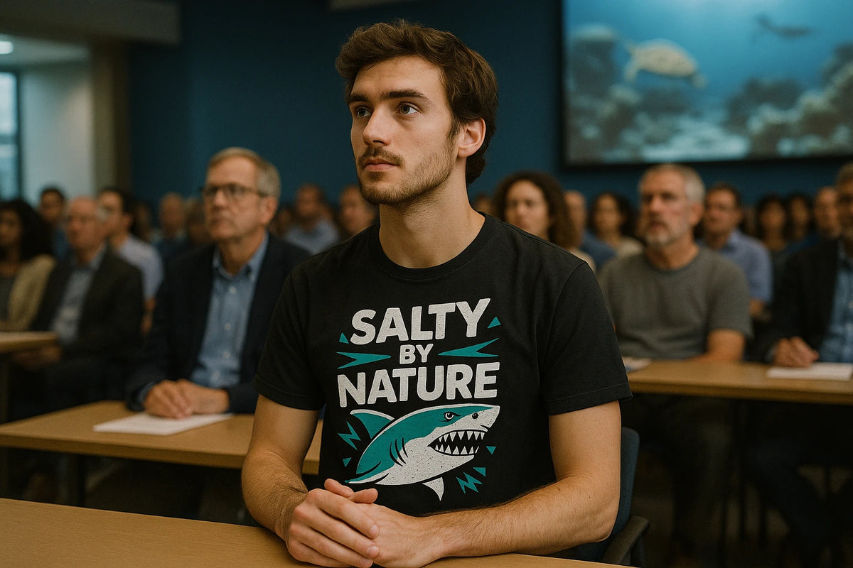 Lifestyle shot of the "Salty By Nature" black marine biology t shirt in a real-world setting