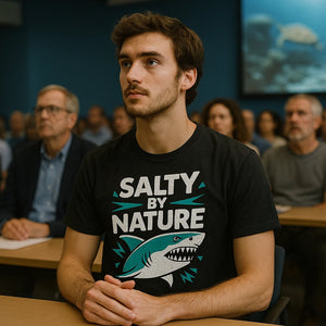 Lifestyle shot of the "Salty By Nature" black marine biology t shirt in a real-world setting