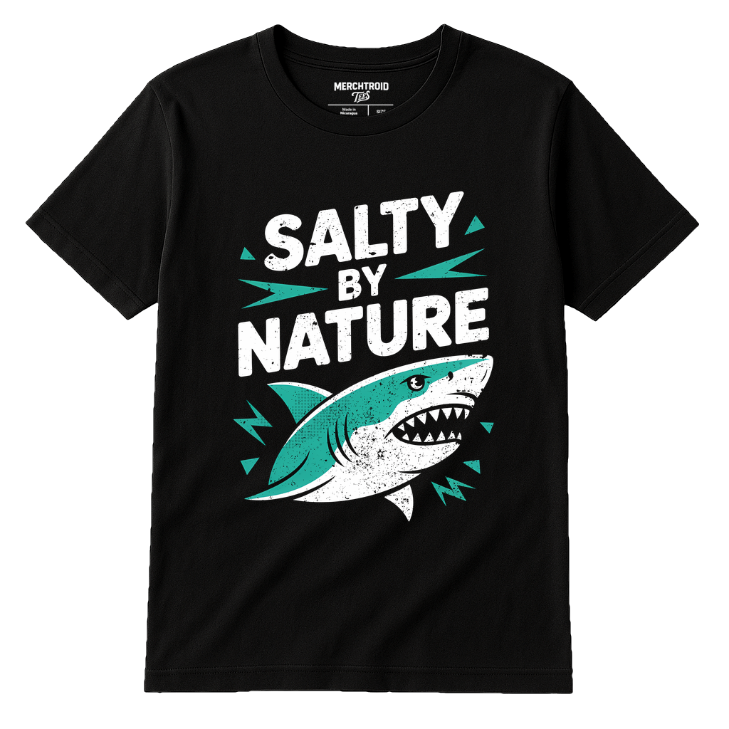 Black Marine Biology T Shirt - "Salty By Nature" graphic tee with white print, flat lay product photo