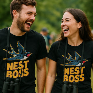 Person wearing the black swallow t shirt graphic tee - "Nest Boss" design