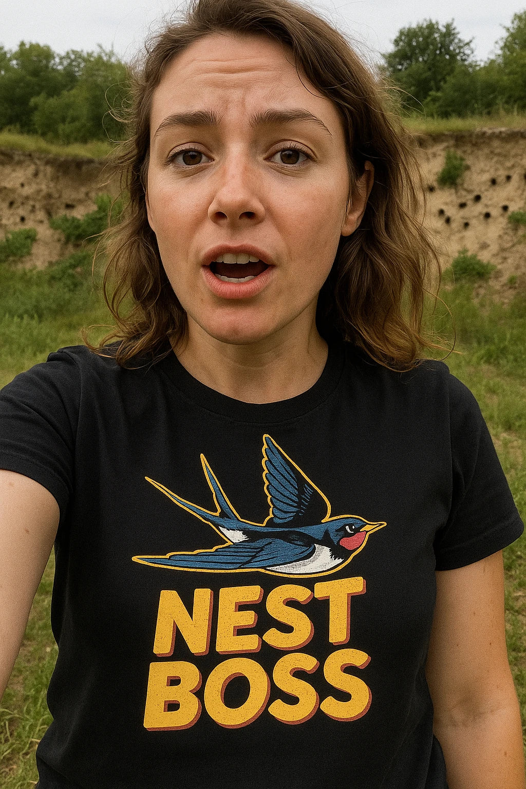 "Nest Boss" black swallow t shirt, photographed as swallow lover gift