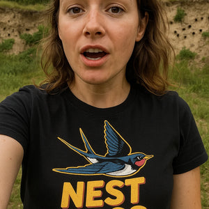 "Nest Boss" black swallow t shirt, photographed as swallow lover gift