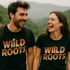 Person wearing the black ultra running shirts graphic tee - "Wild Roots" design