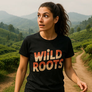 Lifestyle shot of the "Wild Roots" black ultra running shirts in a real-world setting