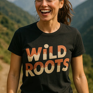 "Wild Roots" black ultra running shirts, photographed as trail running lover gift