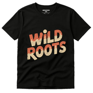 Black Ultra Running Shirts - "Wild Roots" graphic tee with beige print, flat lay product photo