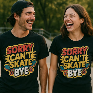 Person wearing the black skateboard tees graphic tee - "Sorry Can'T Skate Bye" design