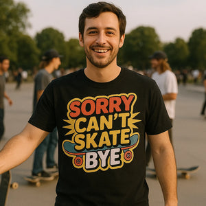 Lifestyle shot of the "Sorry Can'T Skate Bye" black skateboard tees in a real-world setting