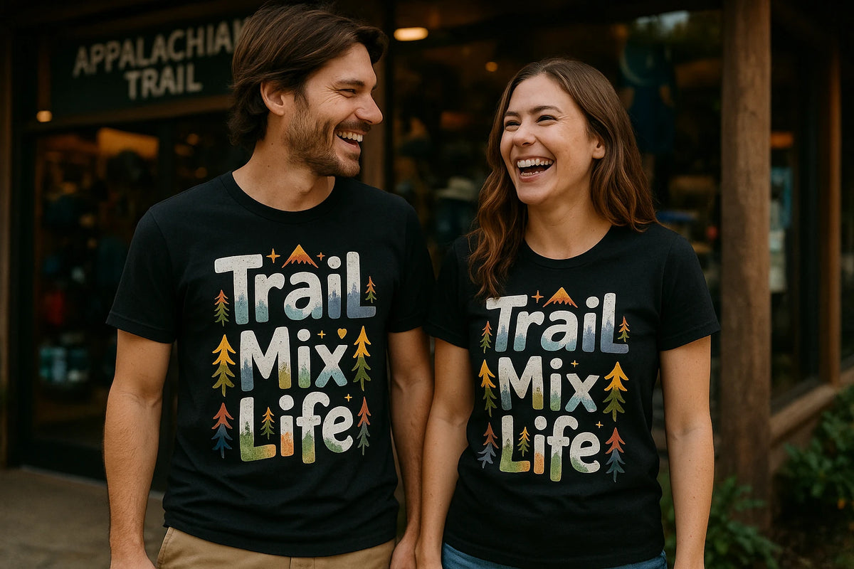 Person wearing the black hiking shirts women graphic tee - "Trail Mix Life" design