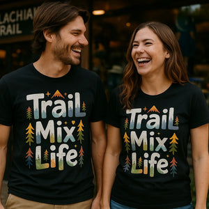 Person wearing the black hiking shirts women graphic tee - "Trail Mix Life" design