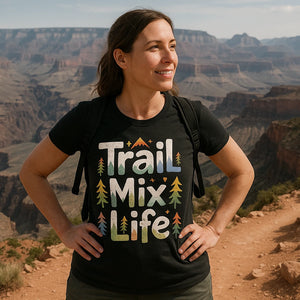 Lifestyle shot of the "Trail Mix Life" black hiking shirts women in a real-world setting